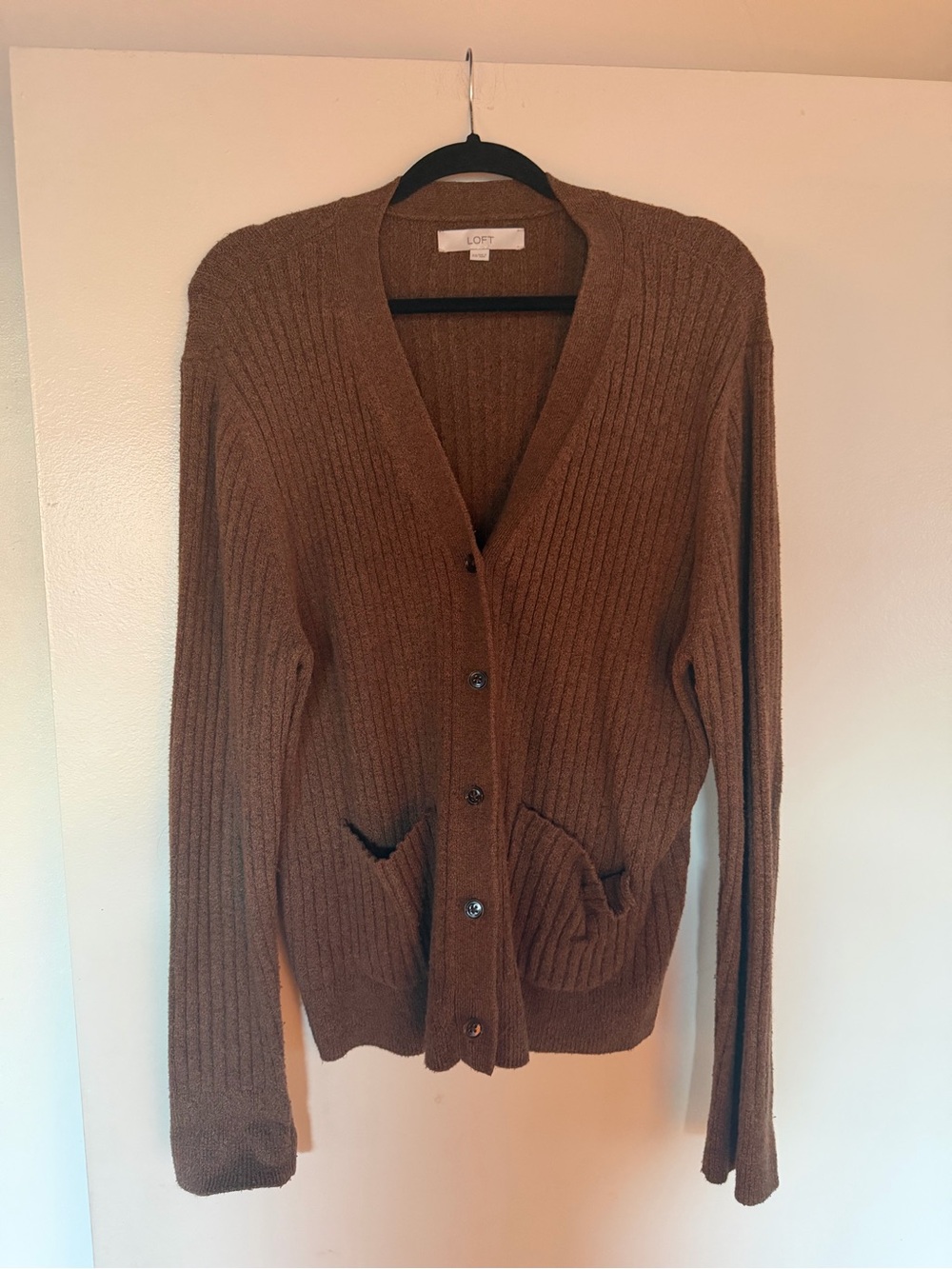 LOFT Brown Ribbed V-Neck Button Cardigan